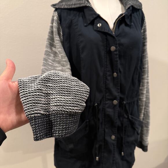 Torrid Navy Blue Utility Jacket Knit Sleeves Hooded Women 2 Outerwear Comfy Fall - Picture 5 of 10